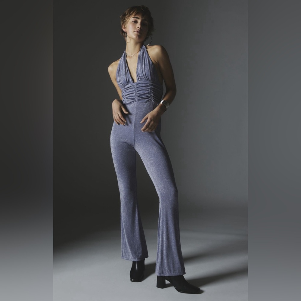UO Silence + Noise Aston Sparkly Halter Jumpsuit